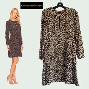 CATHERINE MALANDRINO NEW Bohemian Keyhole Peplum Leopard Print Dress M